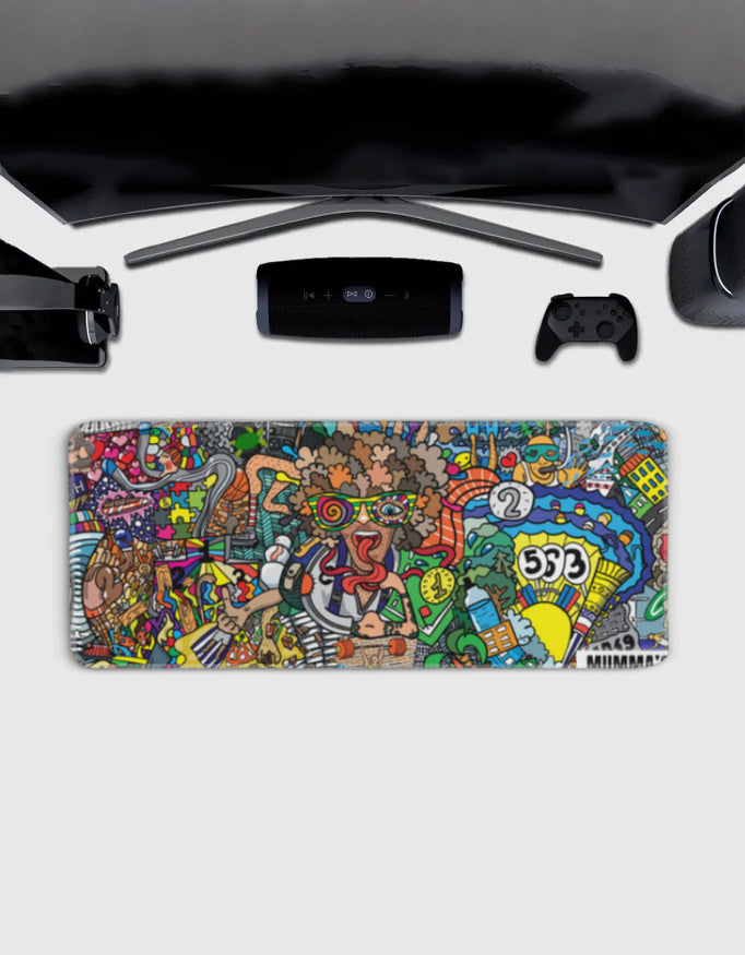 Large gaming desk pad with doodle print and stitched edges – 80×33 cm