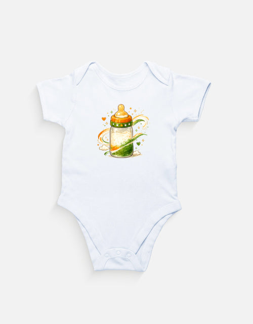 Baby wearing Mumma's Cub tricolor milk bottle cotton onesie made from super combed 100% cotton for Independence Day