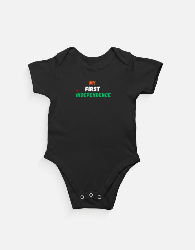 Baby wearing Mumma's Cub "My First Independence" tricolor cotton onesie made from super combed 100% cotton