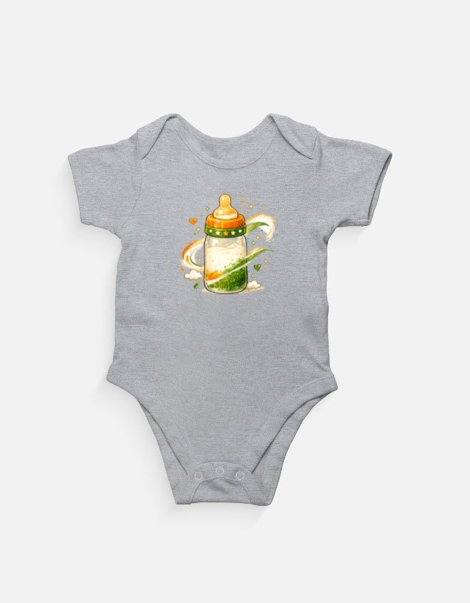 Baby wearing Mumma's Cub tricolor milk bottle cotton onesie made from super combed 100% cotton for Independence Day