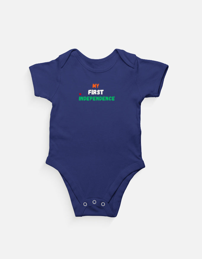Baby wearing Mumma's Cub "My First Independence" tricolor cotton onesie made from super combed 100% cotton
