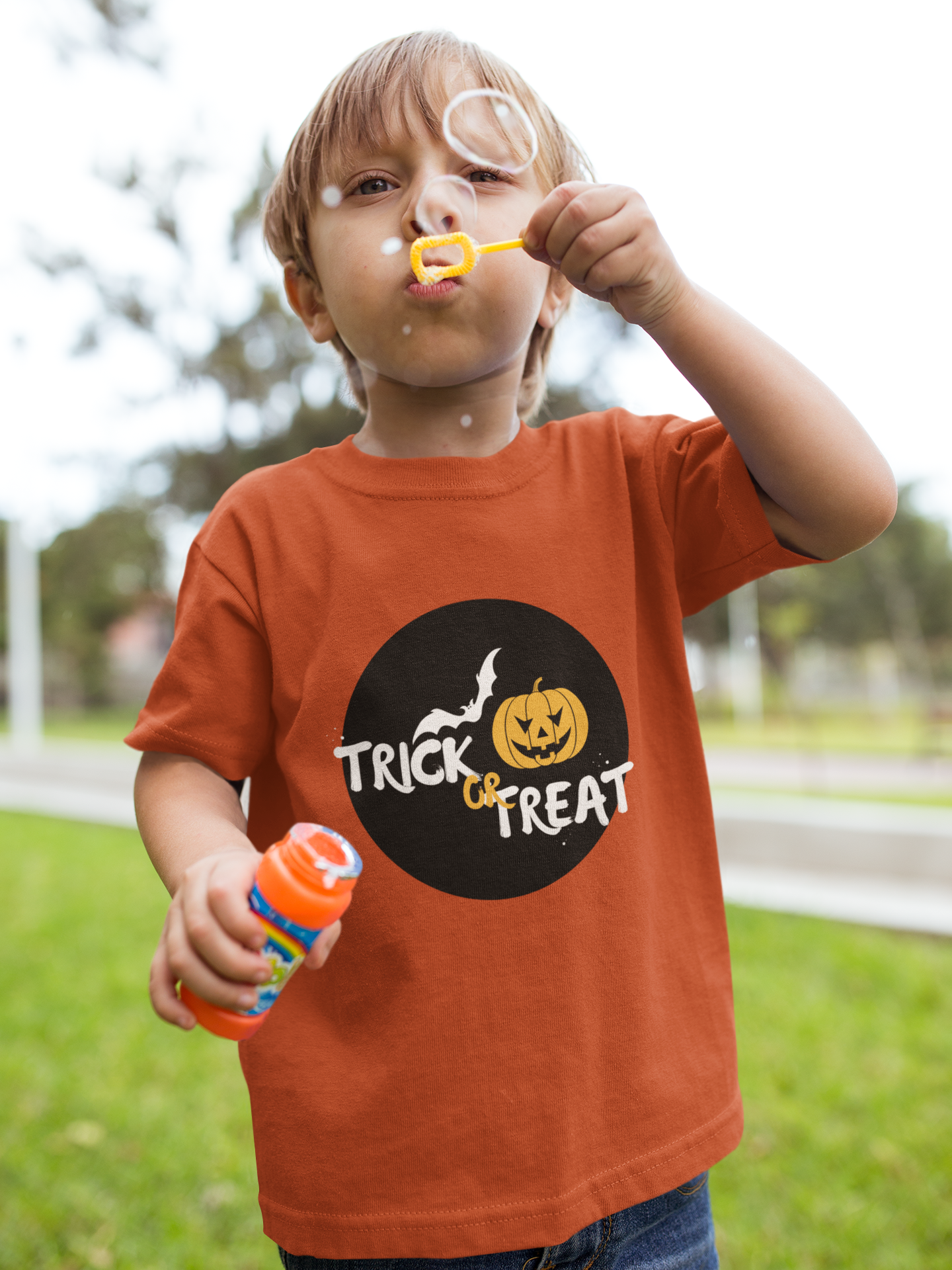 Kids Halloween T-Shirt – Pumpkin & Bat Print “Trick or Treat”