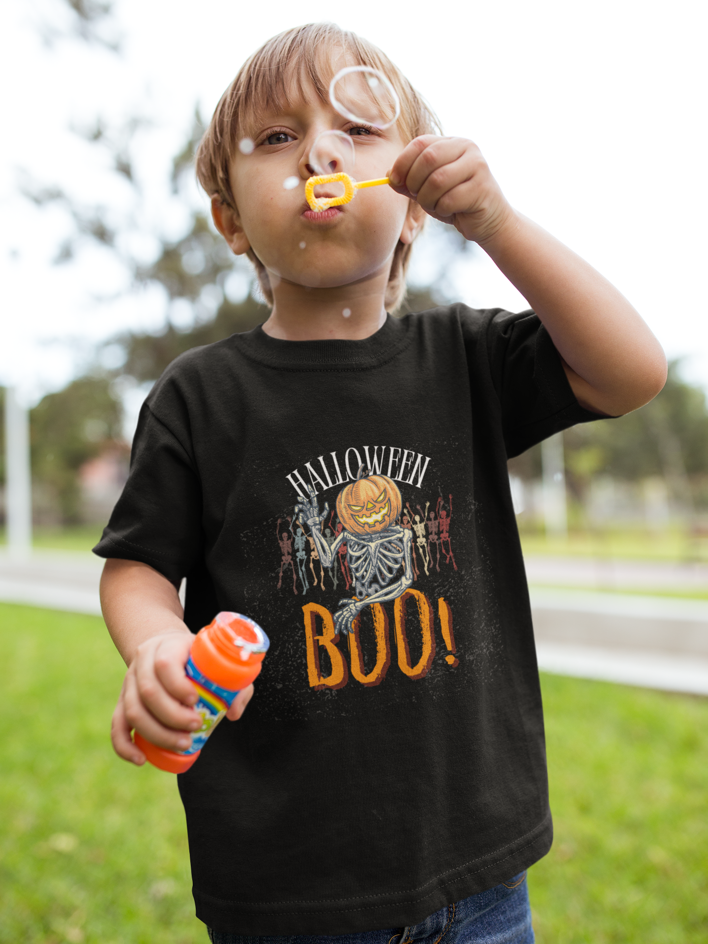 Kids Halloween T-Shirt – Pumpkin-Faced Skeleton Disco Party “Boo!”