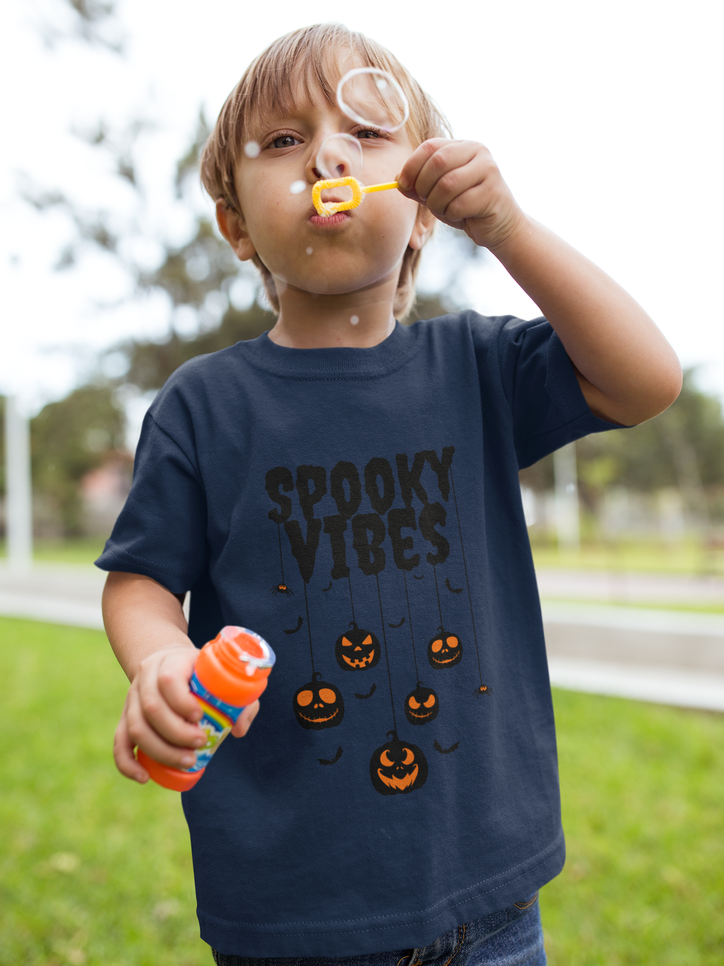 Kids Halloween T-Shirt – Hanging Pumpkins Print “Spooky Vibes”