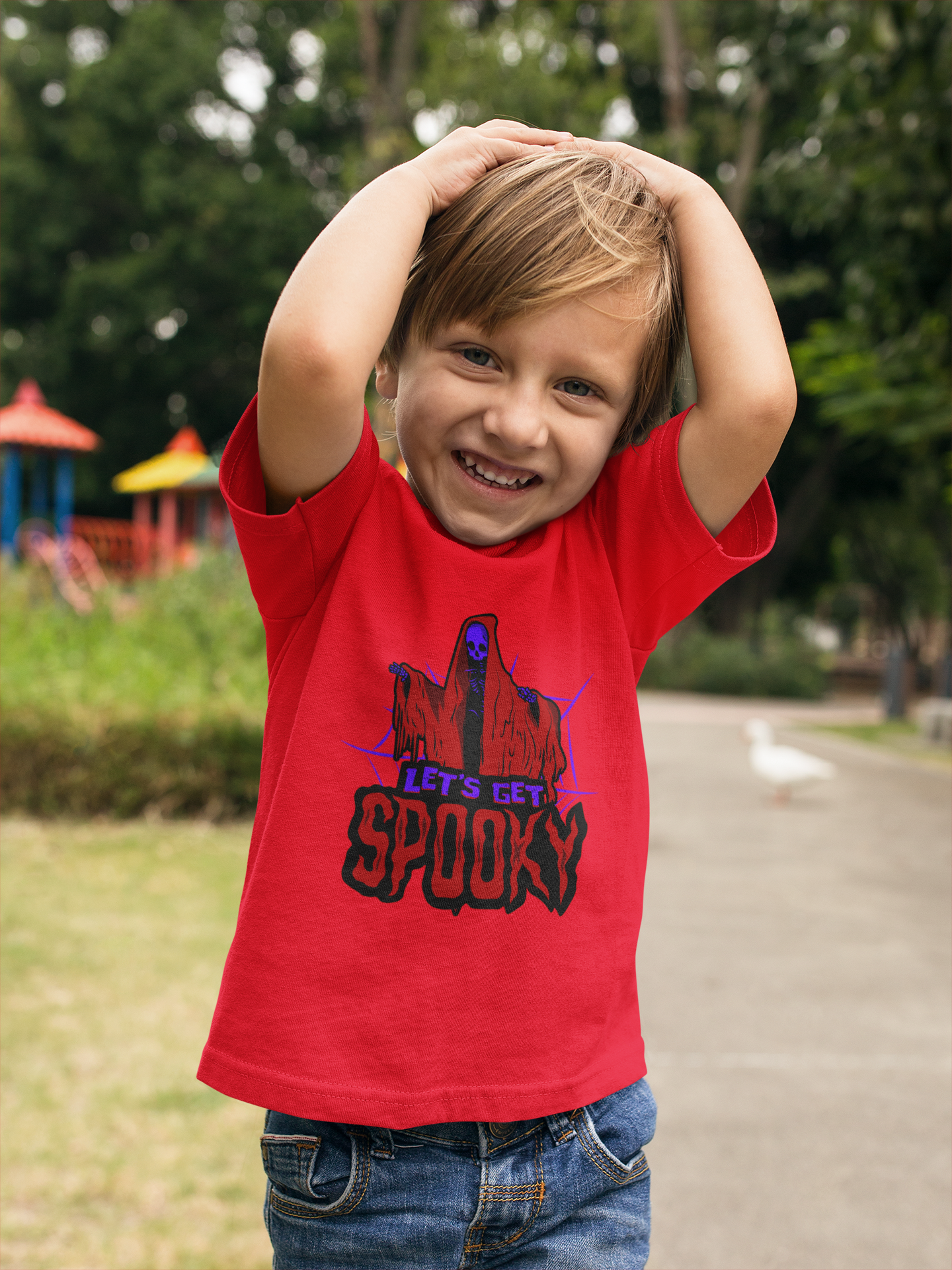 Kids Halloween T-Shirt – Skeleton in Hooded Shrug Print “Let’s Get Spooky”