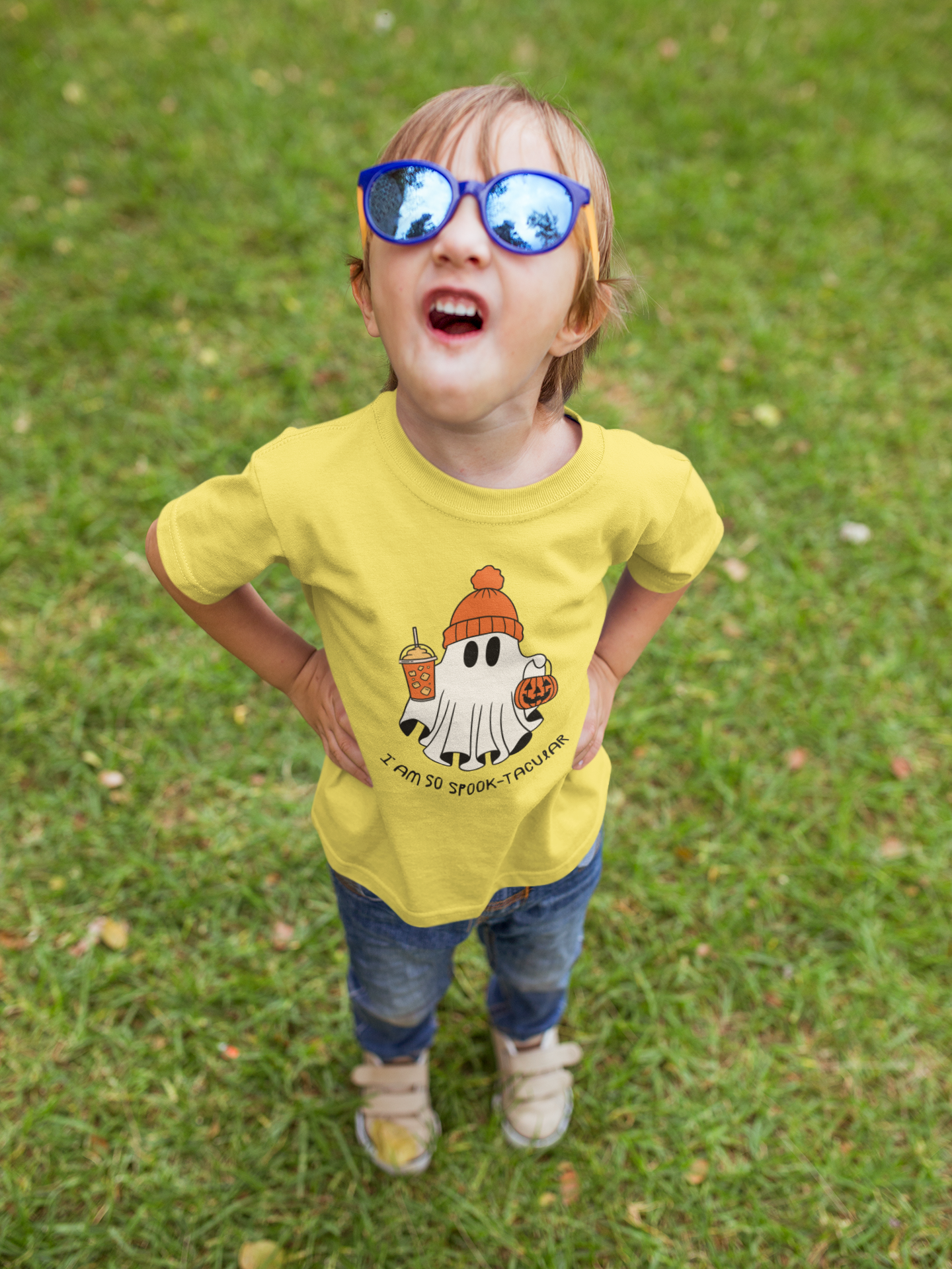 Kids Halloween T-Shirt – Ghost in Winter Cap “I Am So Spook-tacular”