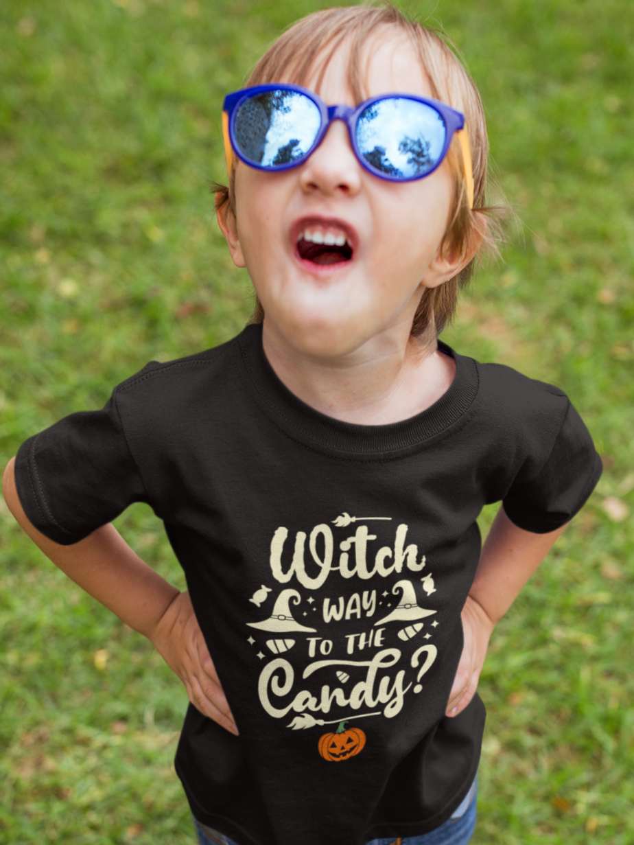 Kids Halloween T-Shirt – “Witch Way to the Candy” Print