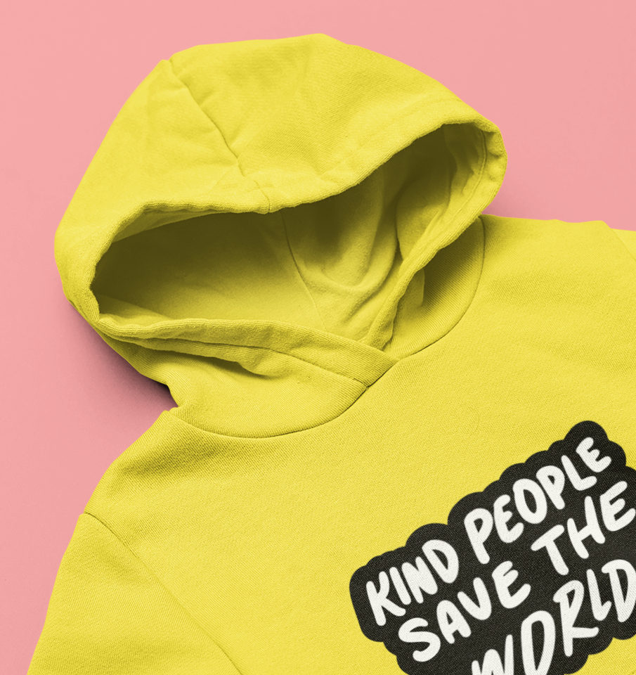 Kids cotton hoodie with “Kind People Save the World” print without pocket by Mumma’s Cub