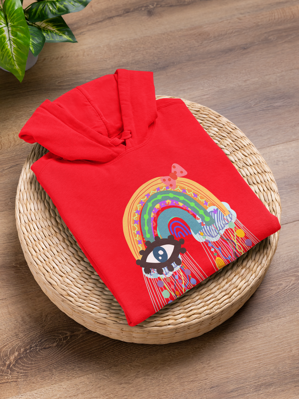 Kids boho evil eye rain colorful print cotton hoodie without pocket by Mumma’s Cub