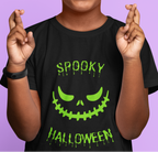 Kids unisex cotton Halloween T-shirt with spooky smile graphic and text “Spooky Halloween”