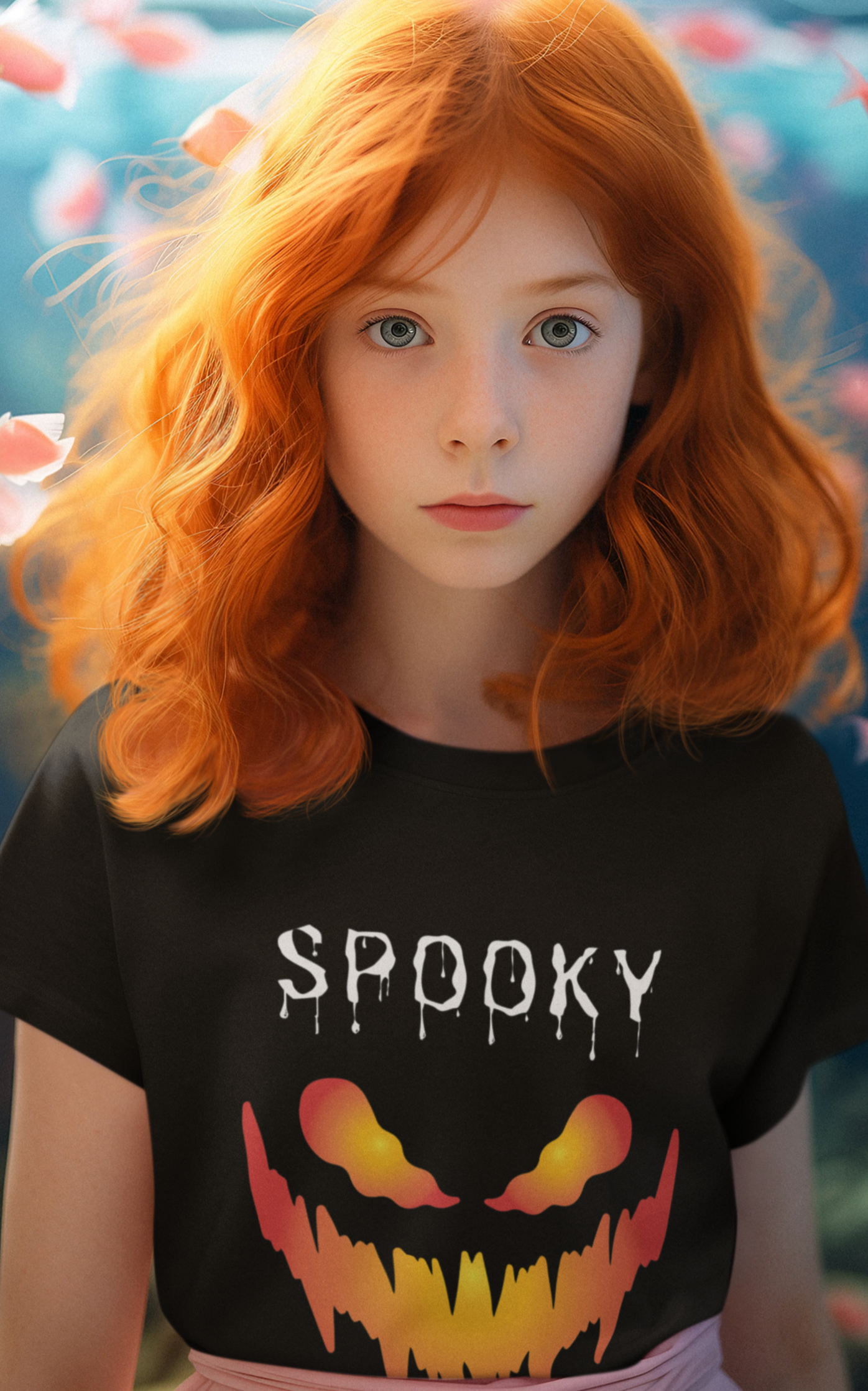 Kids unisex cotton Halloween T-shirt with fiery spooky smile and text “SPOOKY”