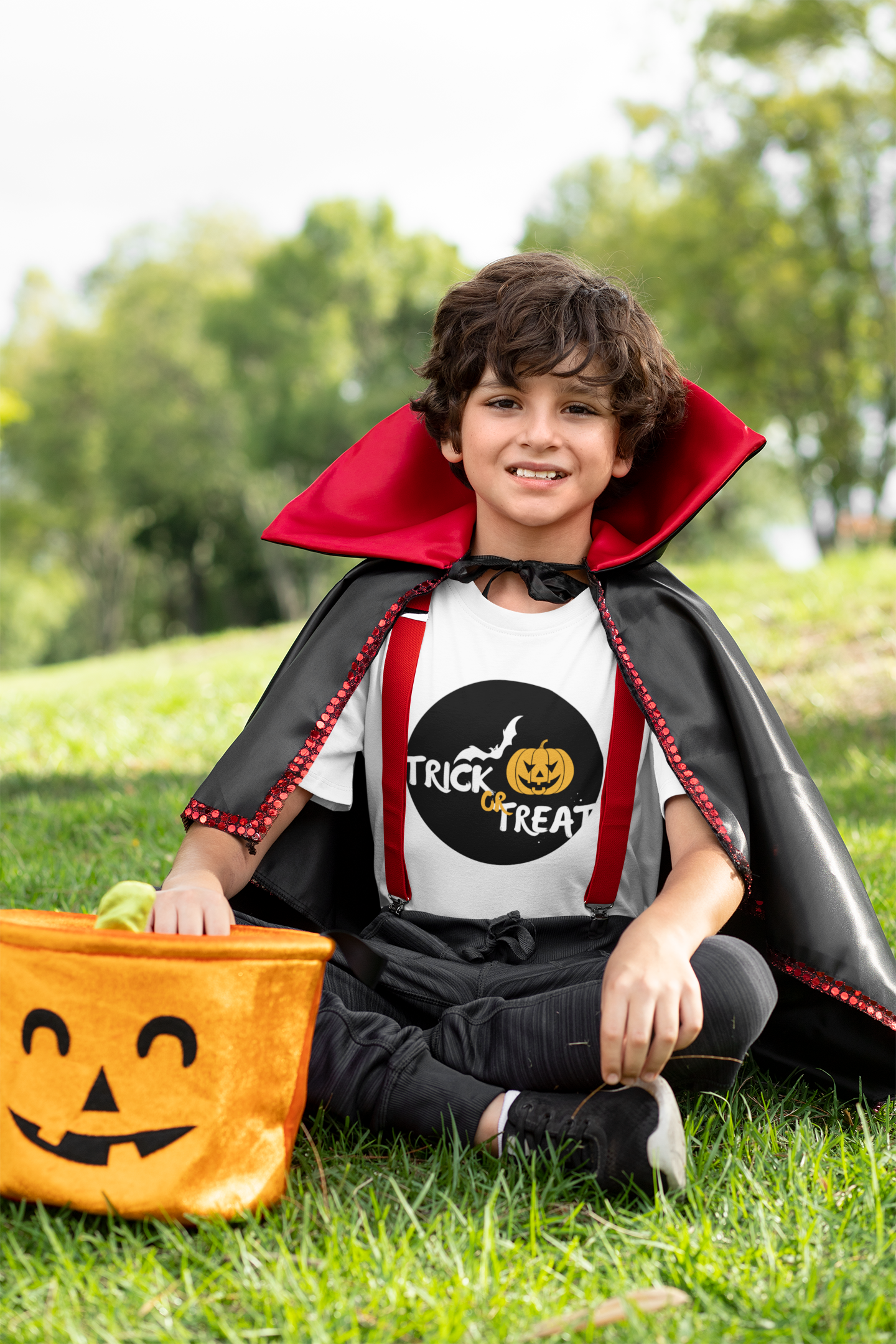 Kids Halloween T-Shirt – Pumpkin & Bat Print “Trick or Treat”