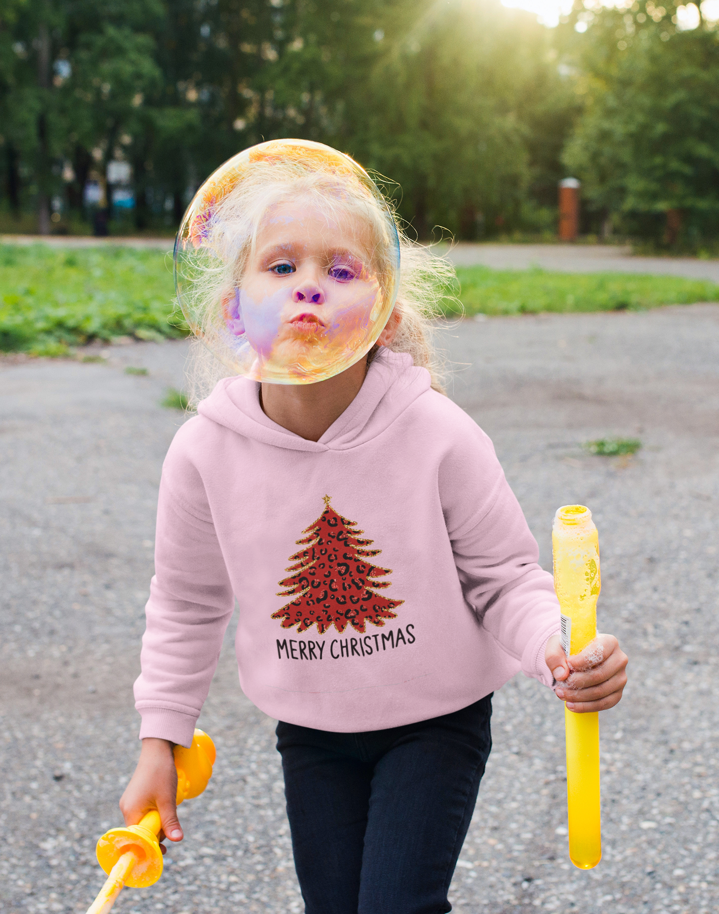 Festive Kids’ Hoodie – Merry Christmas with Red Tree Print