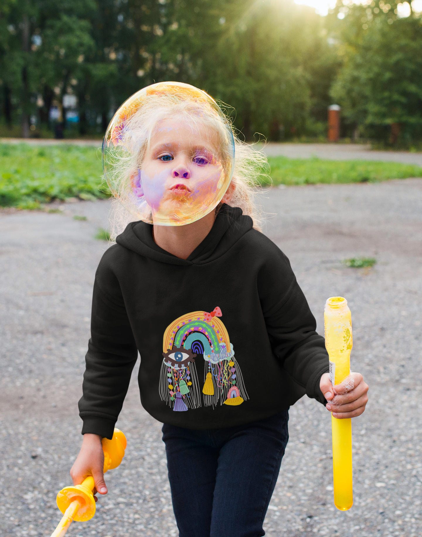 Kids boho evil eye rain colorful print cotton hoodie without pocket by Mumma’s Cub