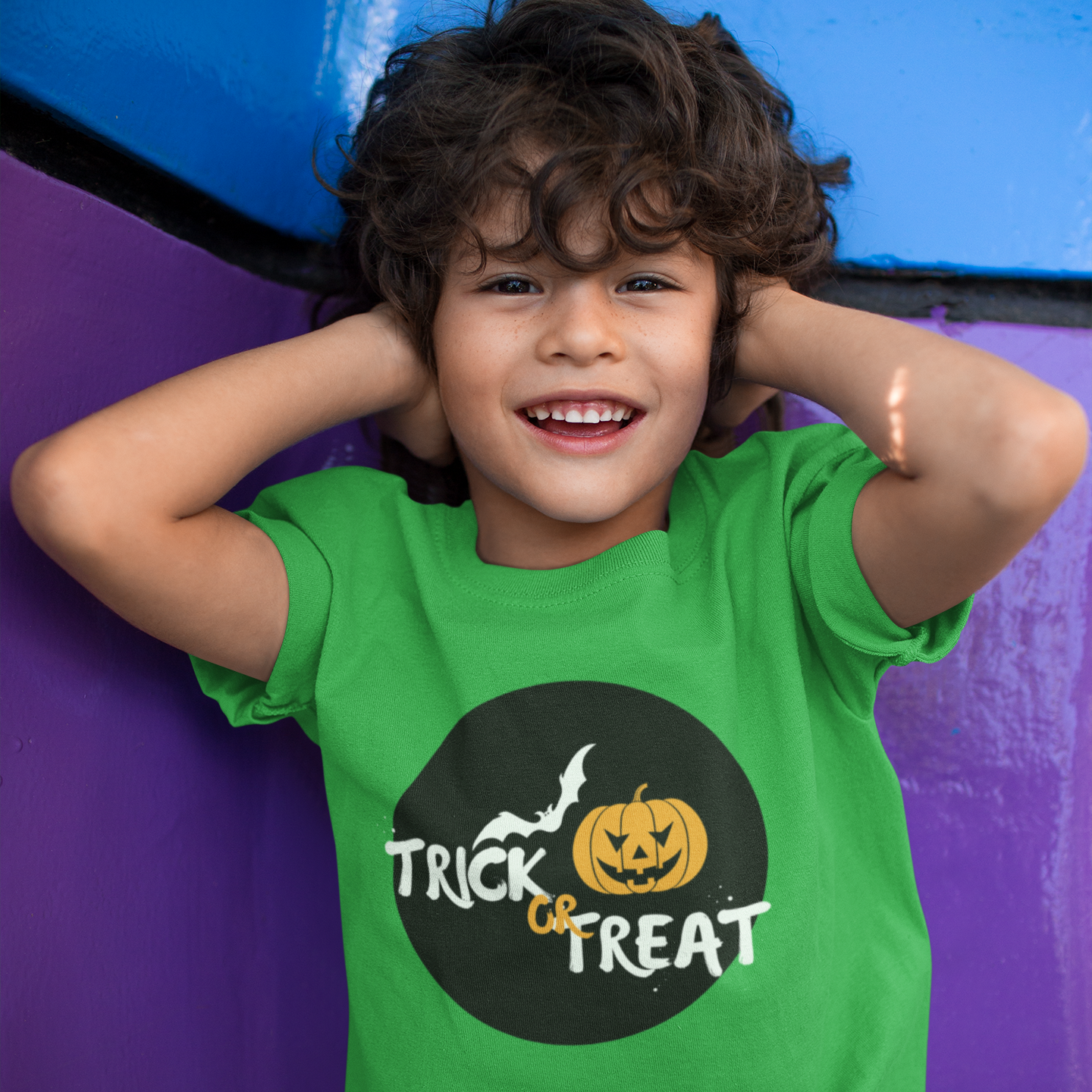 Kids unisex cotton Halloween T-shirt with pumpkin, bat, and text “Trick or Treat”