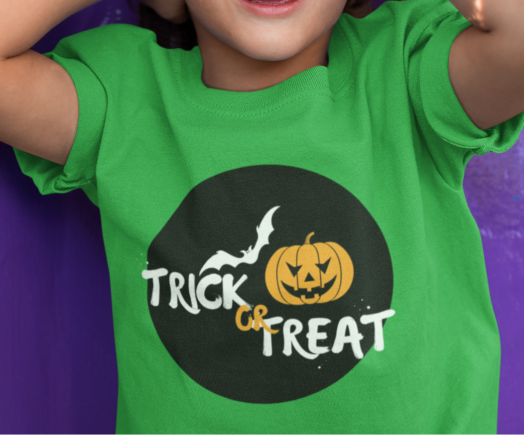 Kids unisex cotton Halloween T-shirt with pumpkin, bat, and text “Trick or Treat”