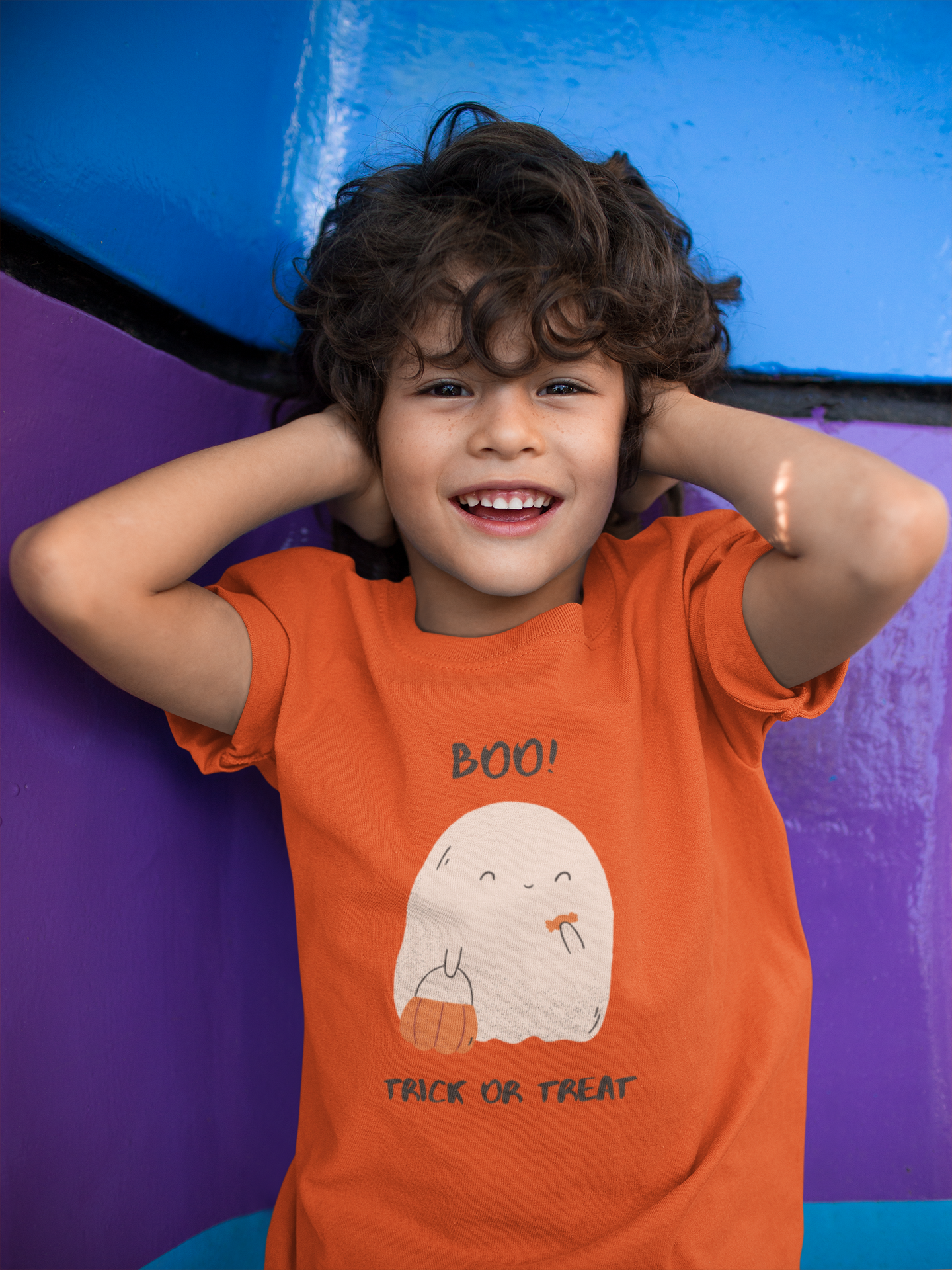 Kids Halloween T-Shirt – Ghost with Pumpkin Basket Print “Boo..! Trick or Treat”