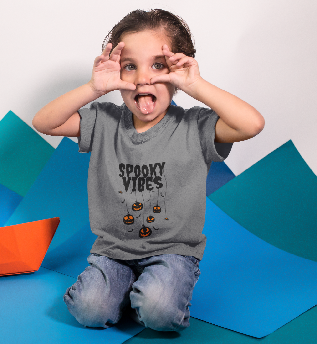 Kids Halloween T-Shirt – Hanging Pumpkins Print “Spooky Vibes”