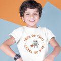 Kids unisex cotton Halloween T-shirt with little skeleton holding pumpkin basket and text “Trick or Treat”