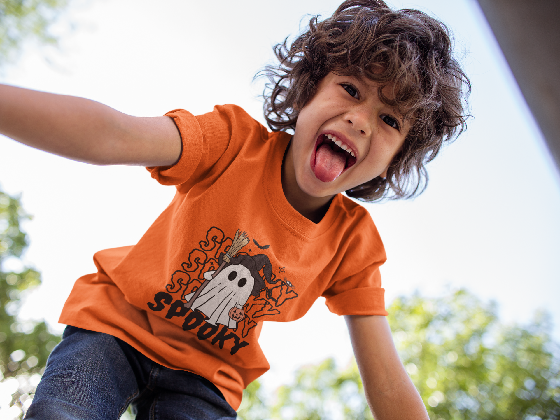 Kids Halloween T-Shirt – Ghost with Broom & Pumpkin Basket “Spooky Spooky Spooky Spooky”