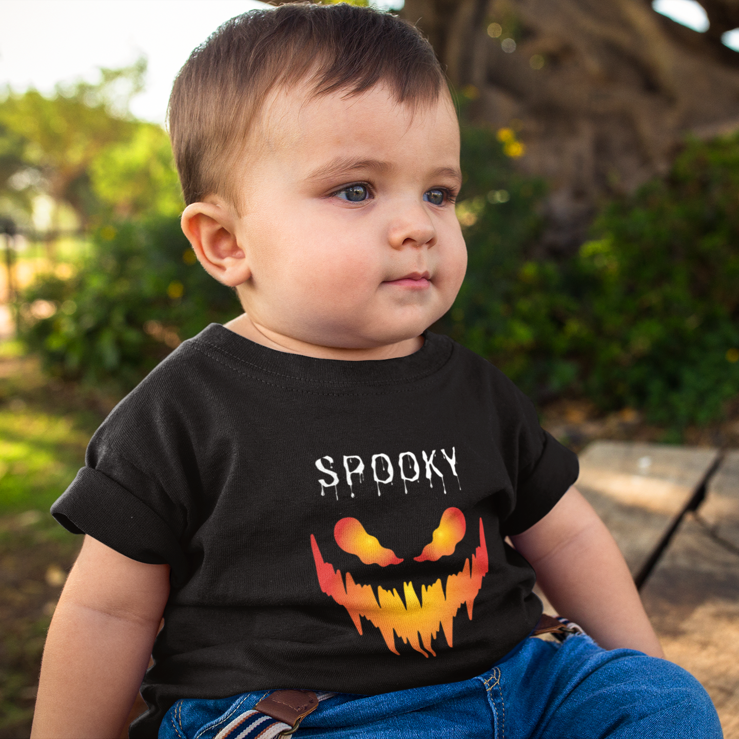 Kids Halloween T-Shirt – Fiery Spooky Smile Print “SPOOKY”