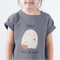 Kids unisex cotton Halloween T-shirt with ghost holding pumpkin basket and text “Boo..! Trick or Treat”