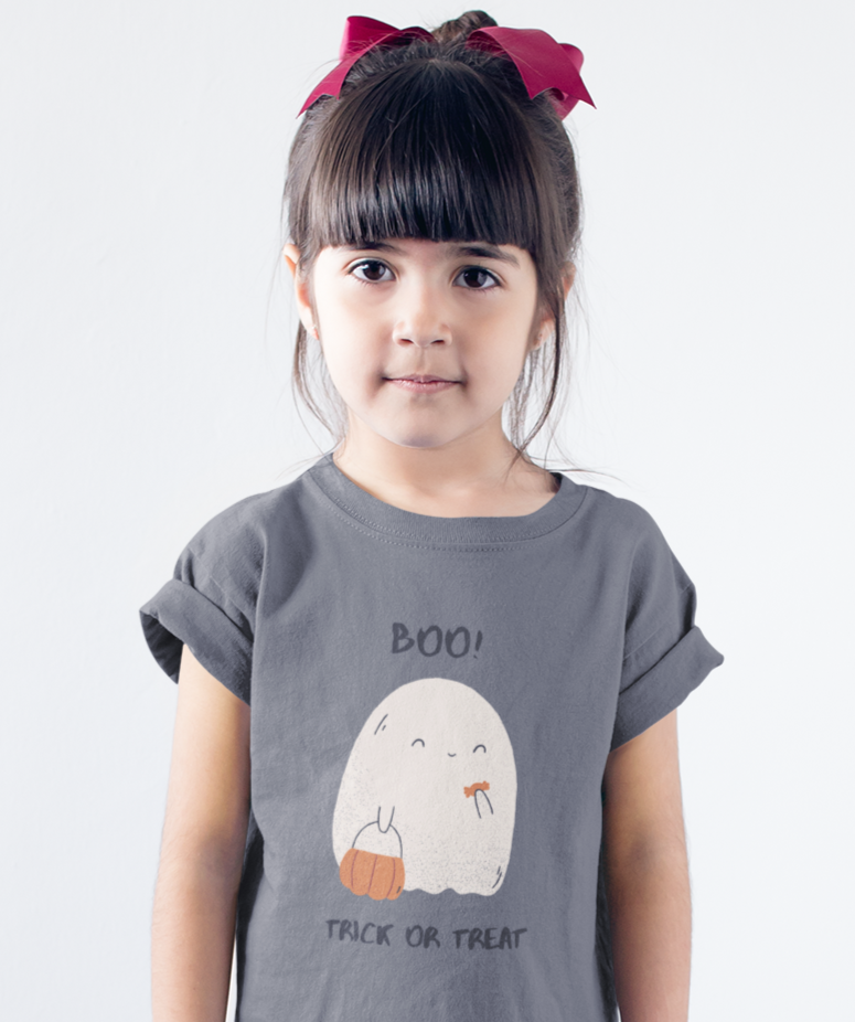 Kids unisex cotton Halloween T-shirt with ghost holding pumpkin basket and text “Boo..! Trick or Treat”
