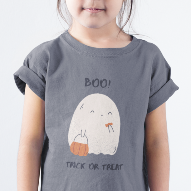 Kids unisex cotton Halloween T-shirt with ghost holding pumpkin basket and text “Boo..! Trick or Treat”