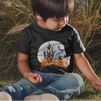Kids unisex cotton Halloween T-shirt with haunted castle print and text “Halloween”