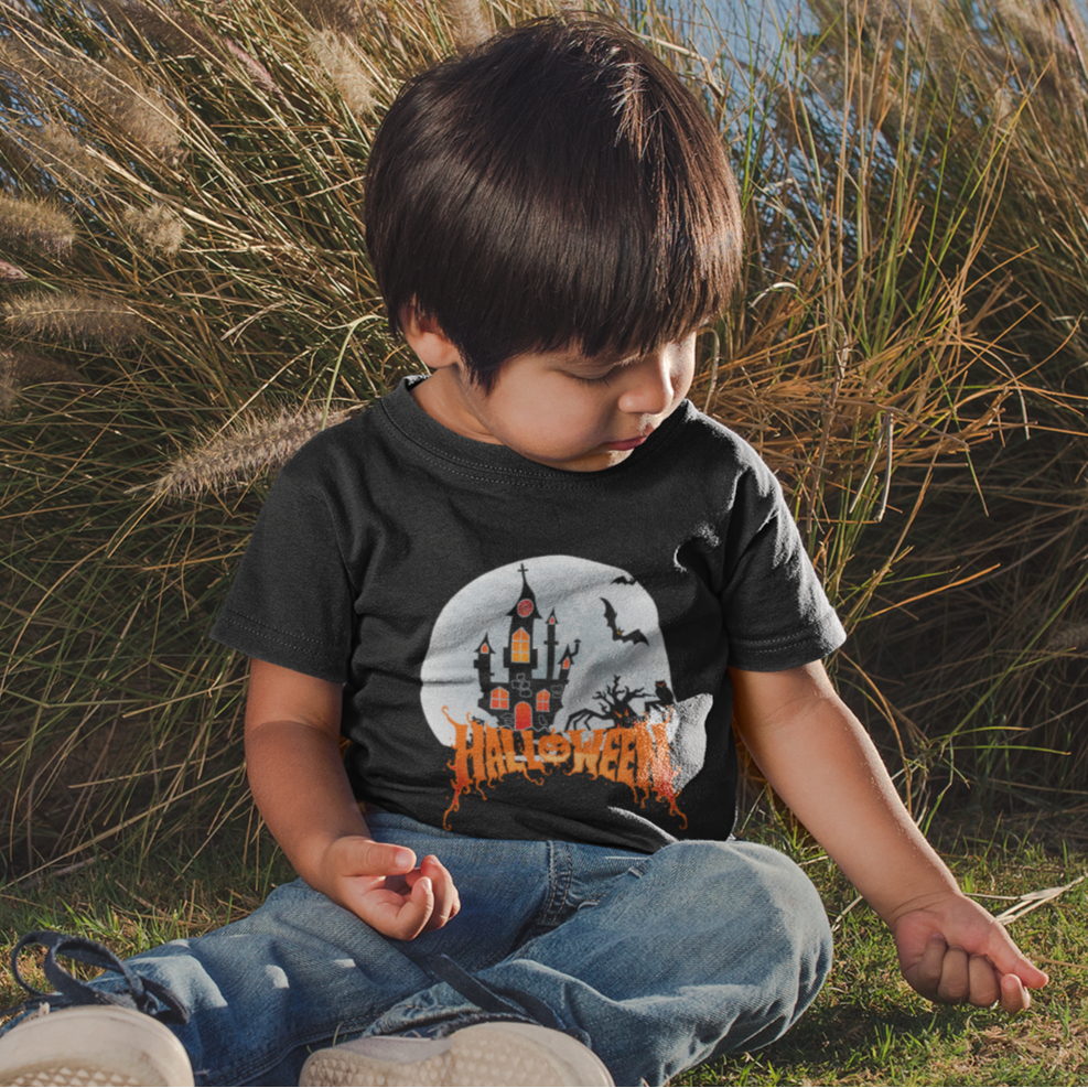 Kids unisex cotton Halloween T-shirt with haunted castle print and text “Halloween”