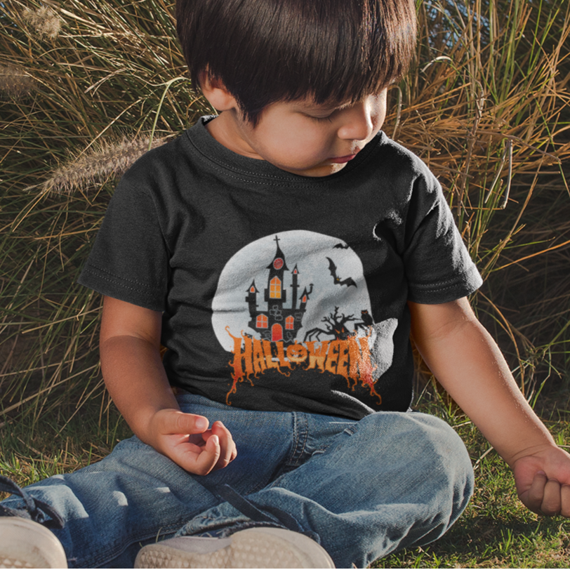 Kids unisex cotton Halloween T-shirt with haunted castle print and text “Halloween”