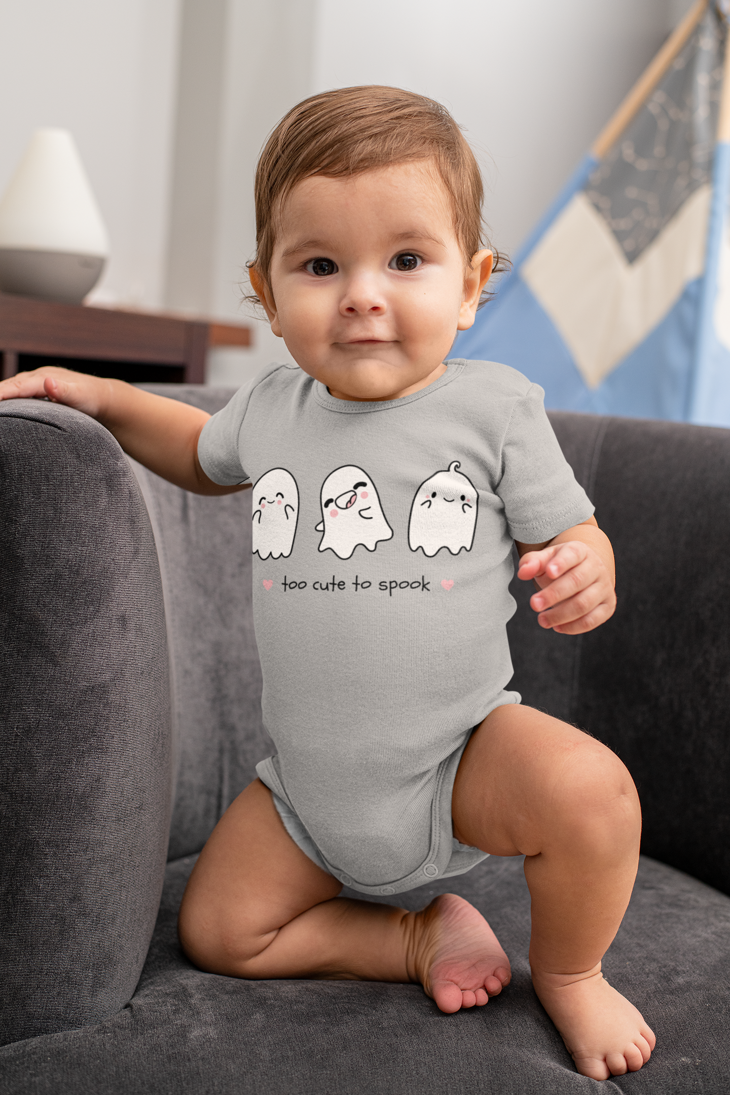 Baby Halloween Romper – Three Cute Ghosts Print “Too Cute to Spook”