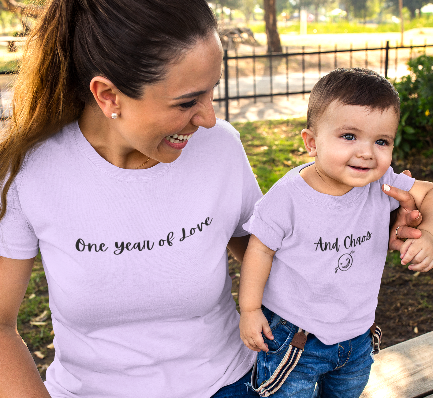 Mom and child wearing matching t-shirt combo One Year of Love and And Chaos by Mumma’s Cub