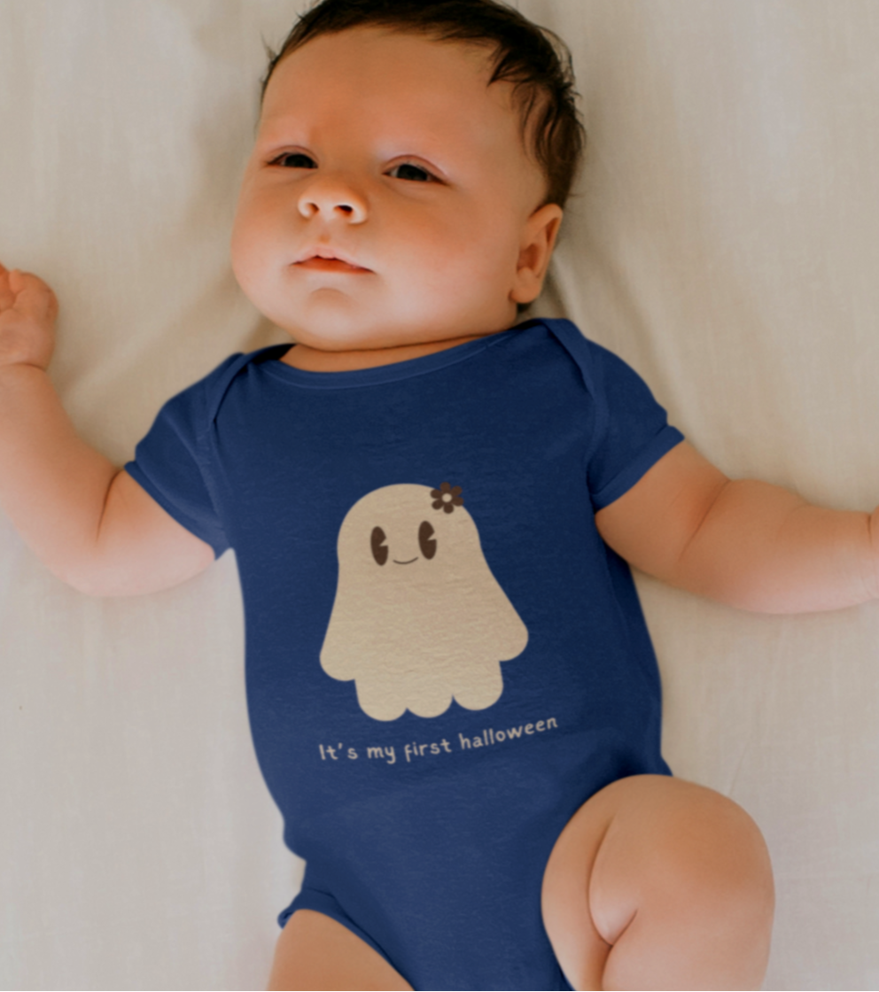Adorable ghost and My First Halloween text on baby cotton romper