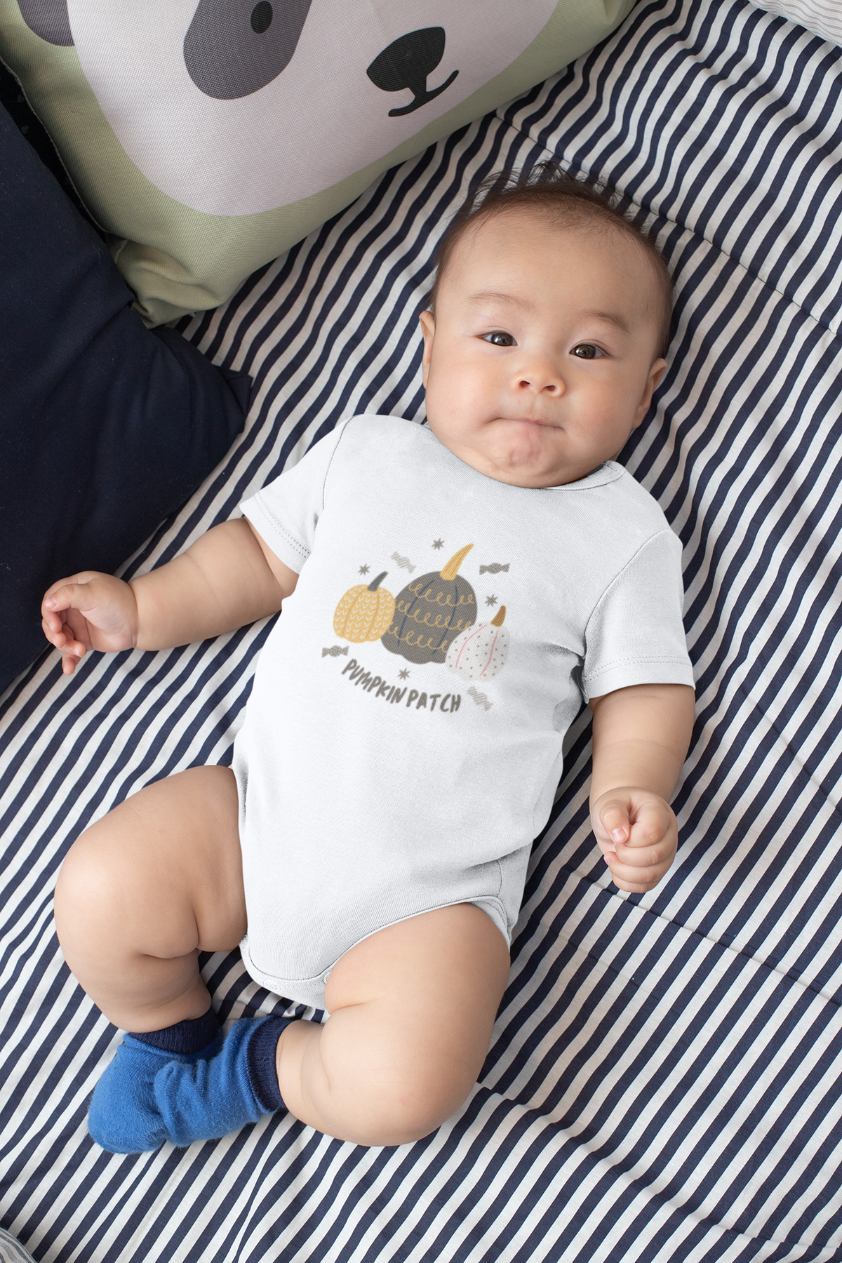 "Baby wearing Pumpkin Patch onesie – cozy Halloween romper for fall"
