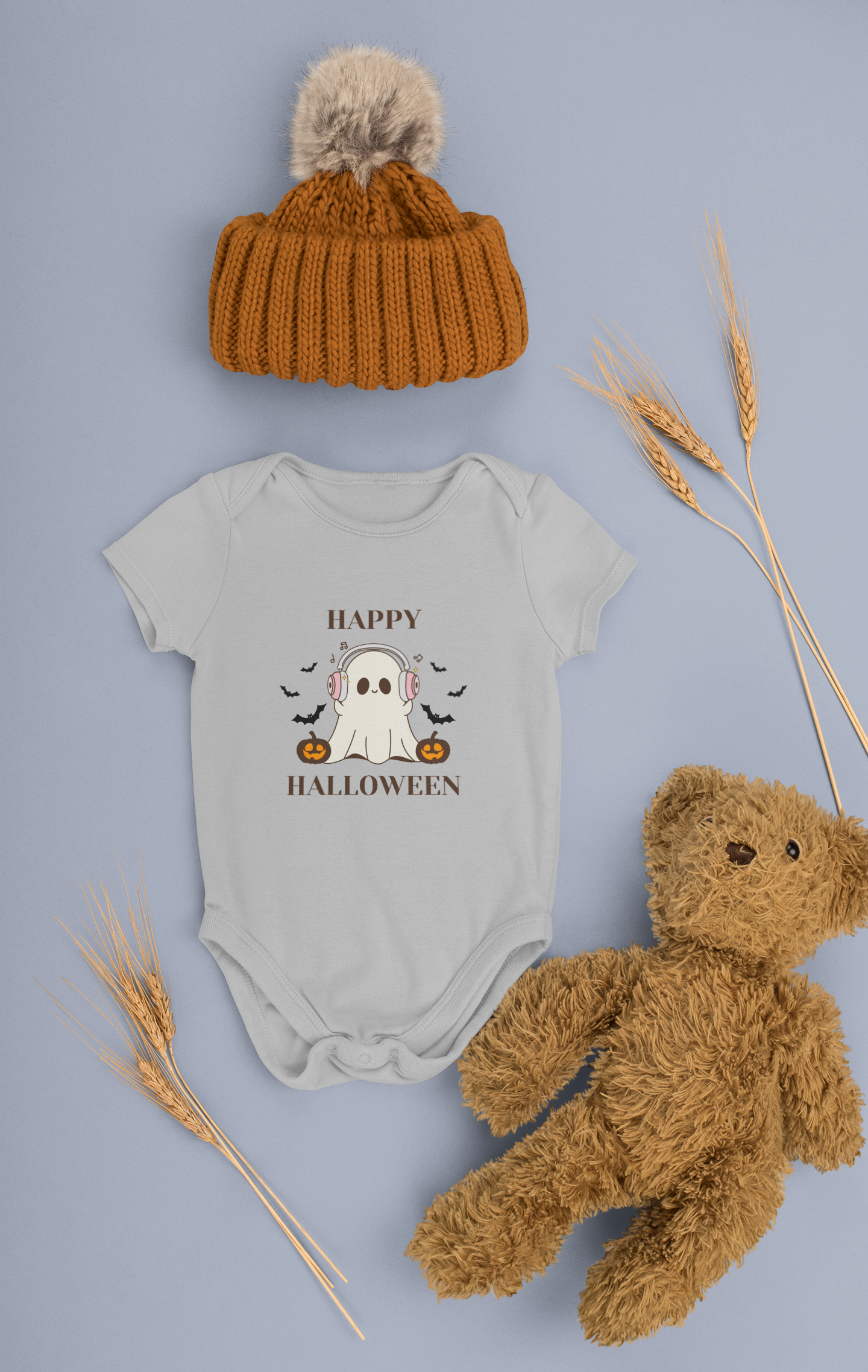 Baby Halloween Romper – Ghost with Headphones Print “Happy Halloween”