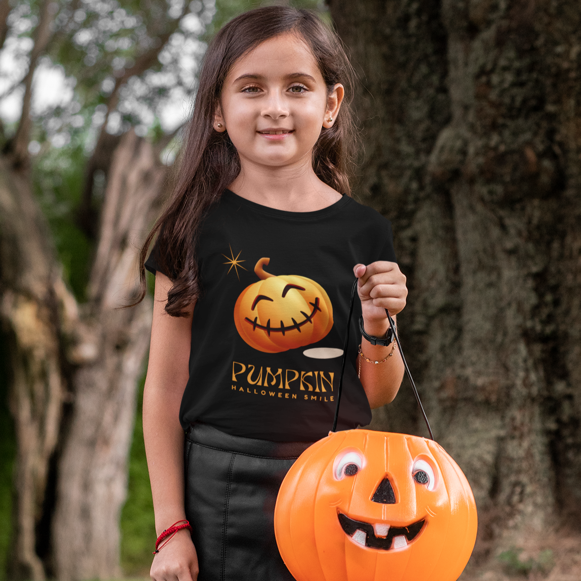 Kids unisex cotton Halloween T-shirt with funny pumpkin print and text “Pumpkin Halloween Smile”