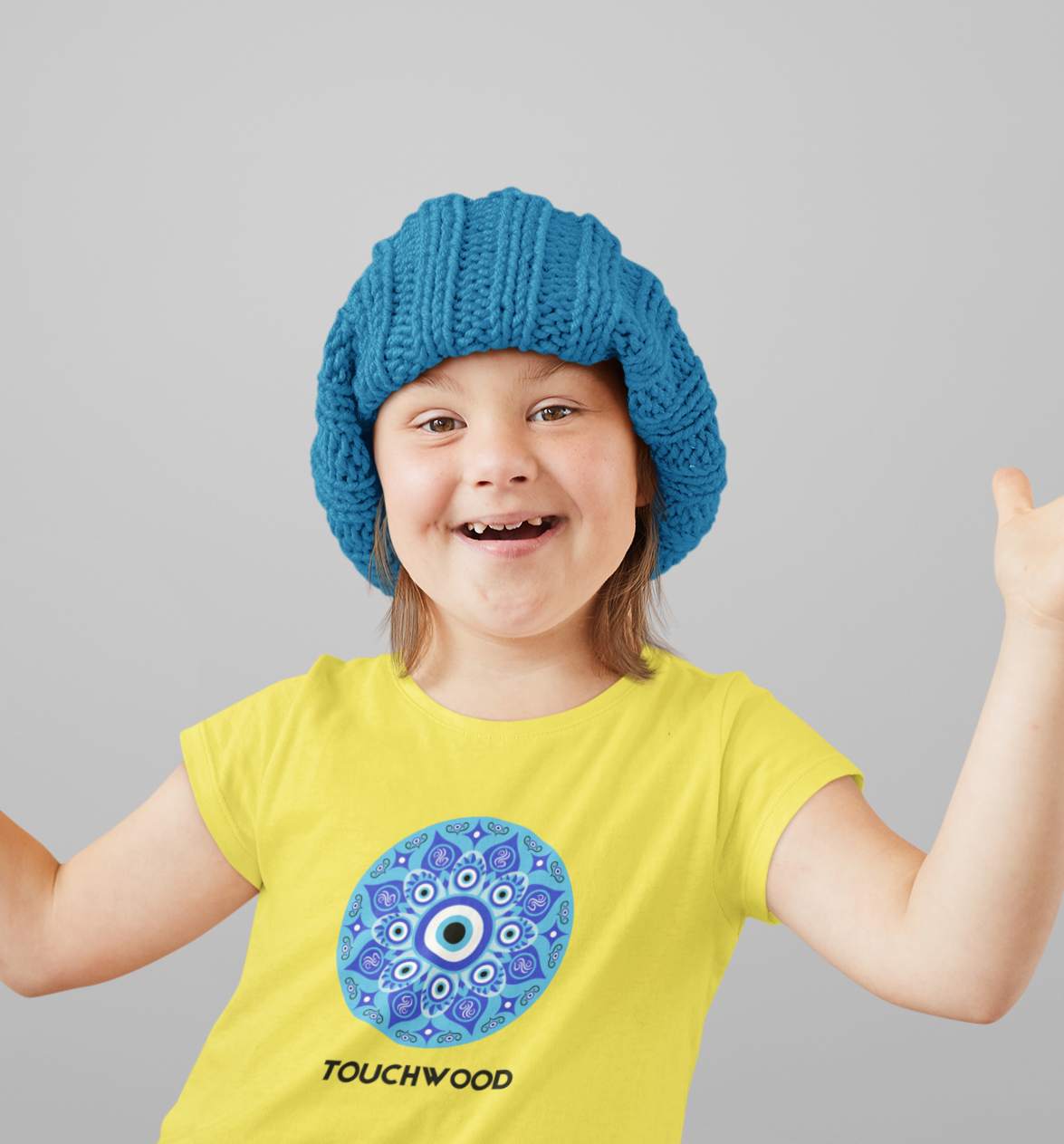 Kids cotton t-shirt with blue evil eye Touchwood print by Mumma’s Cub