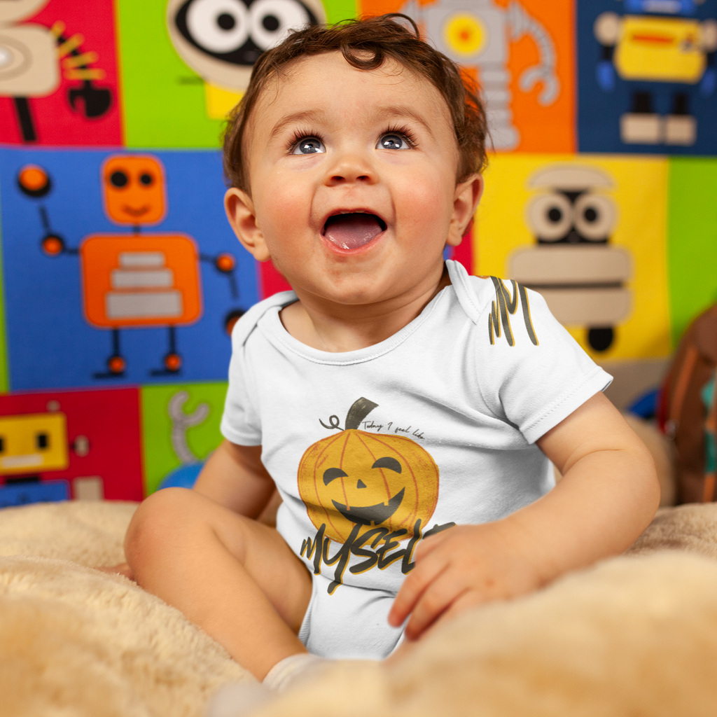 Baby soft cotton Halloween onesie with pumpkin print and “Today I Feel Like Myself” text – breathable romper for infants