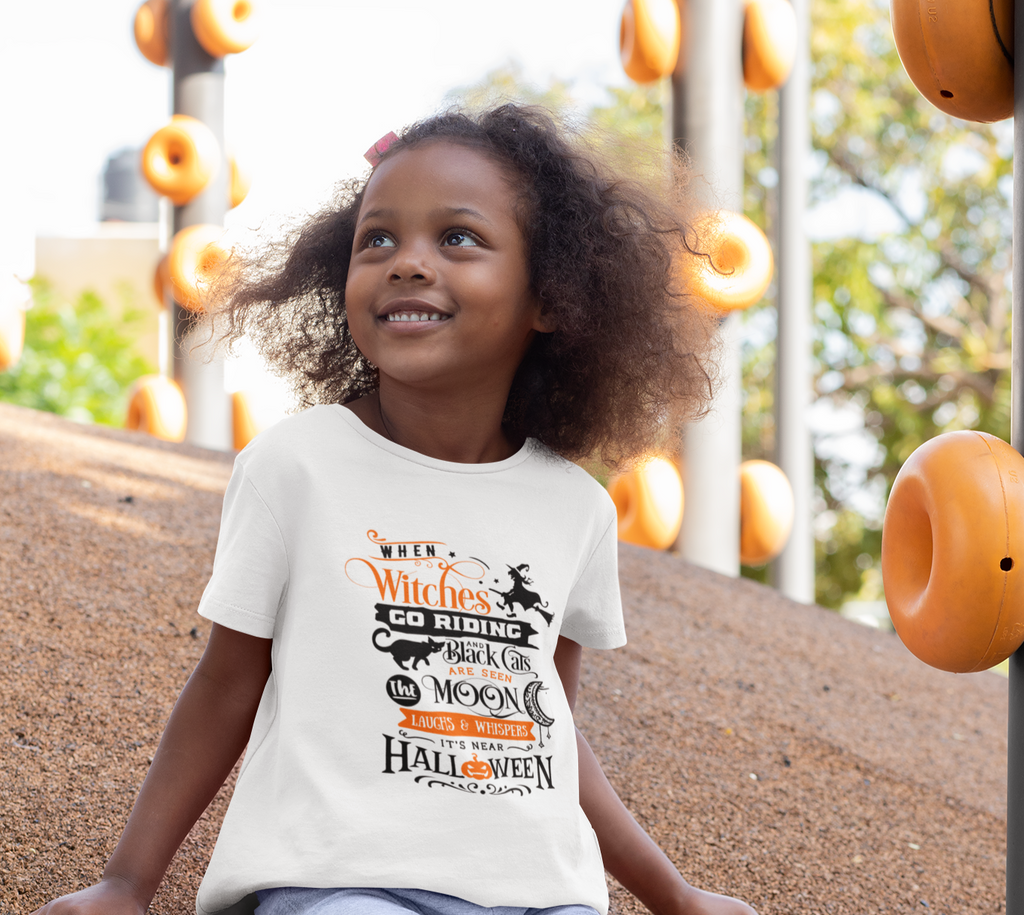 Kids unisex cotton Halloween T-shirt with witchy quote “When witches go riding and black cats are seen the moon”