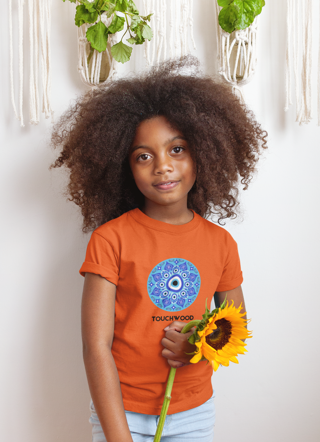 Kids cotton t-shirt with blue evil eye Touchwood print by Mumma’s Cub