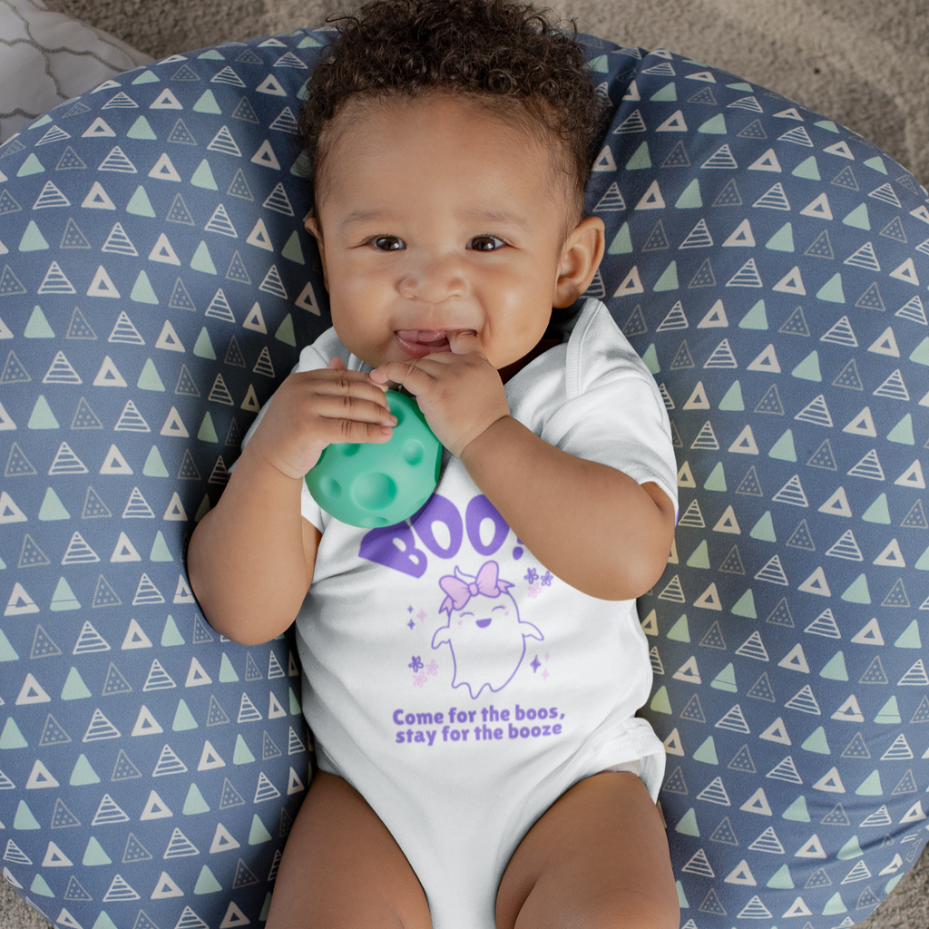 Baby soft cotton Halloween romper with cute ghost wearing bow and text “Come for the Boos, Stay for the Booze”