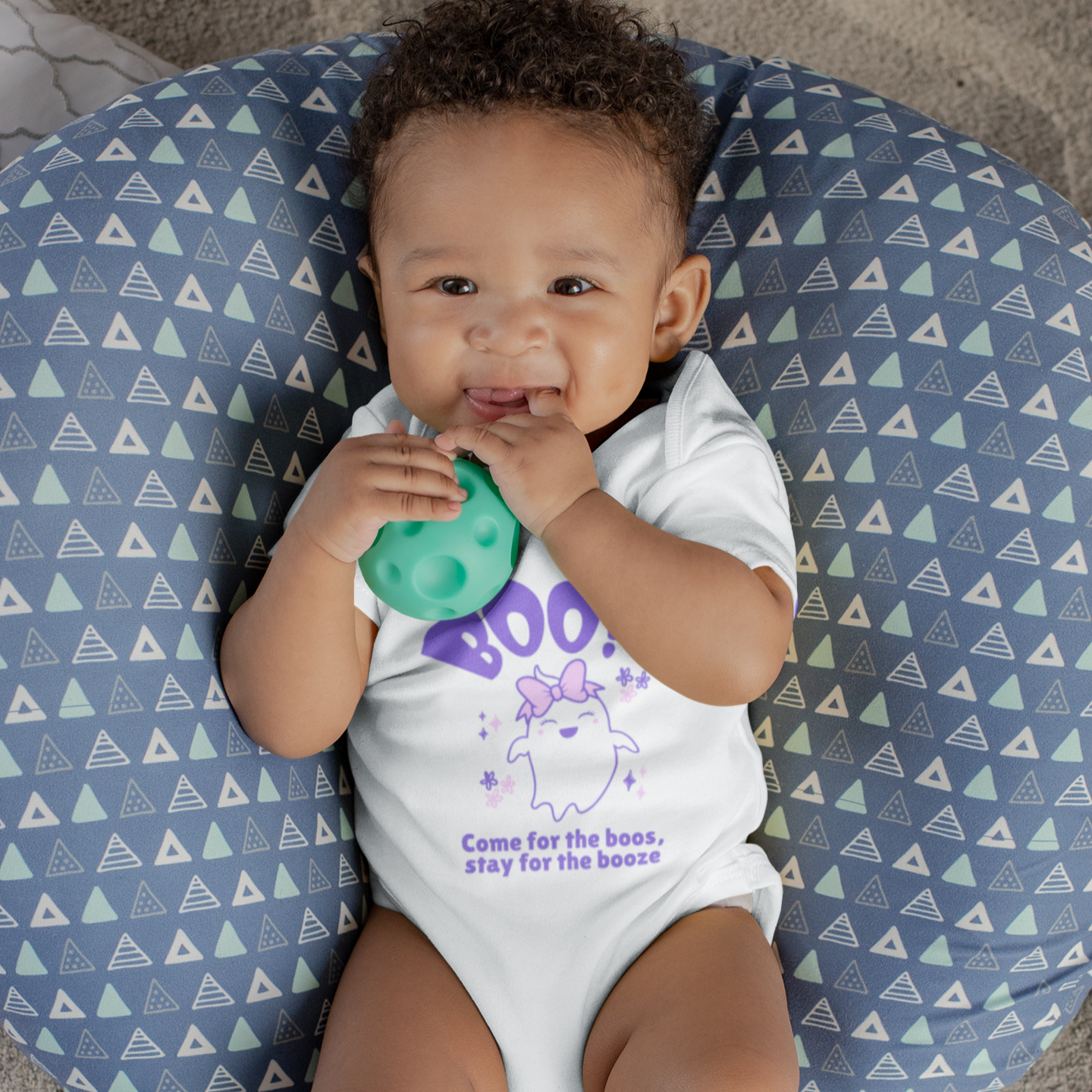Baby soft cotton Halloween romper with cute ghost wearing bow and text “Come for the Boos, Stay for the Booze”