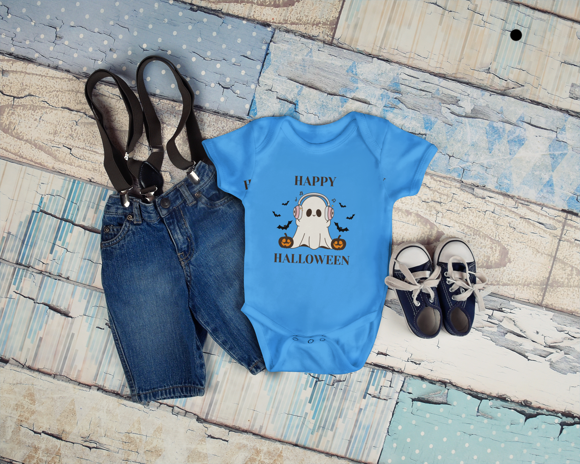 Baby Halloween Romper – Ghost with Headphones Print “Happy Halloween”