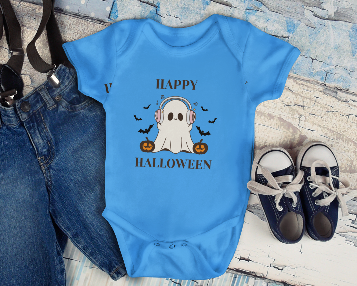 Blue Halloween-themed baby onesie with ghost design, denim overalls, and shoes on a wooden surface.