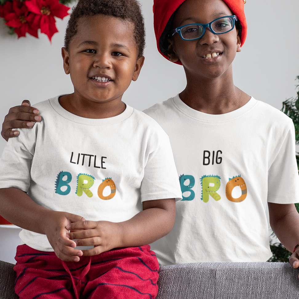 Matching Big Bro and Lil Bro dinosaur print cotton t-shirts for kids by Mumma’s Cub