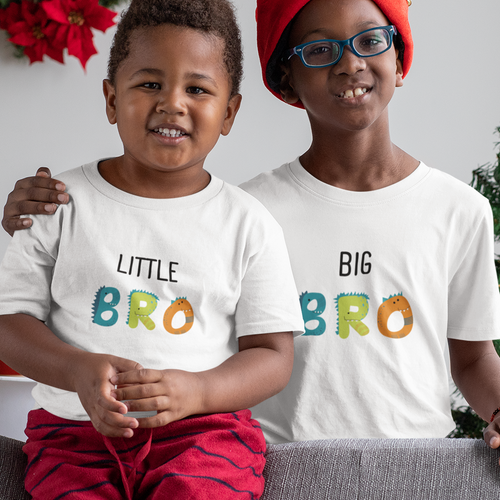Matching Big Bro and Lil Bro dinosaur print cotton t-shirts for kids by Mumma’s Cub