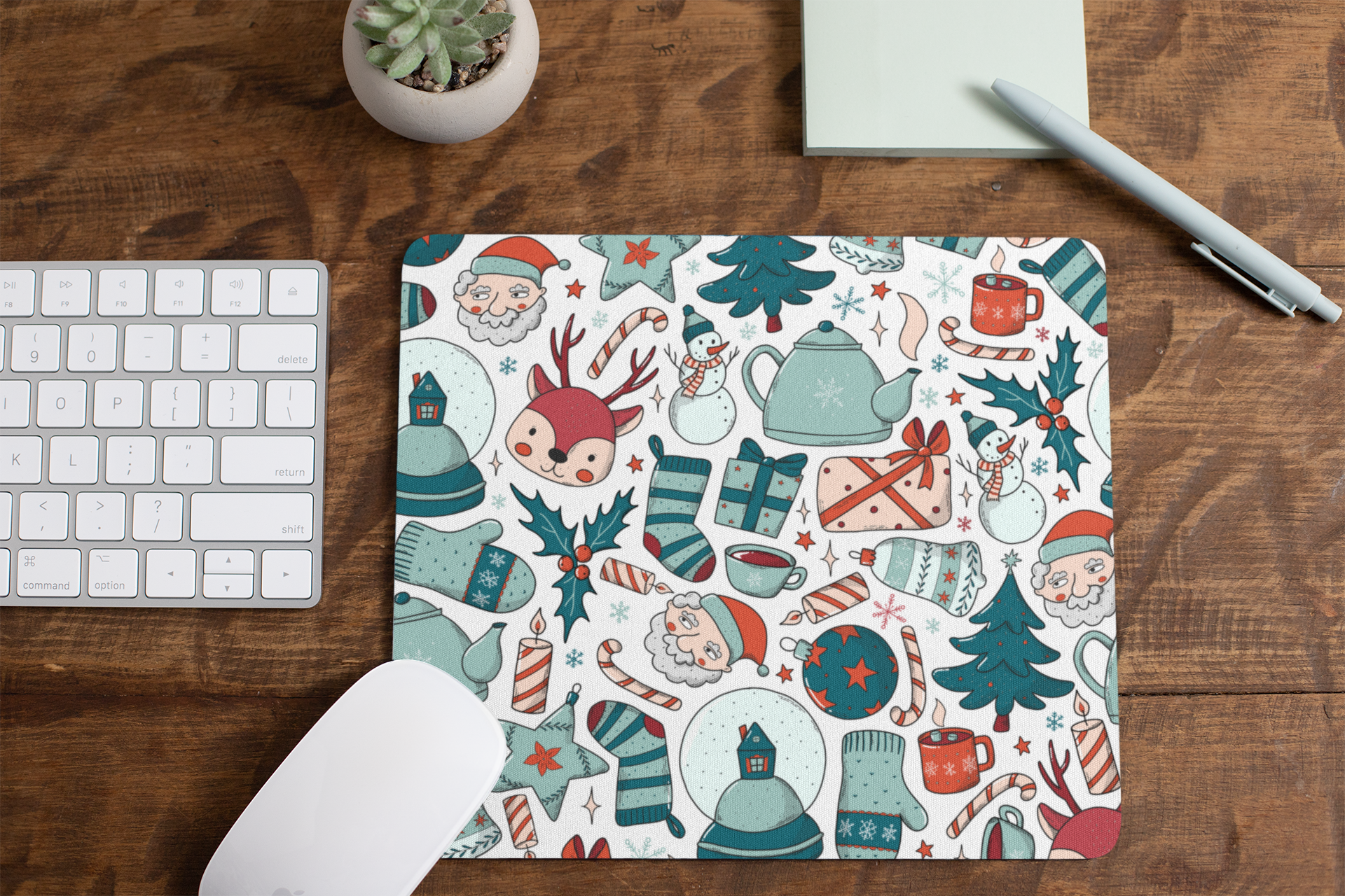 Christmas Theme Square Mouse Pad – Sock, Kettle & Santa Artwork