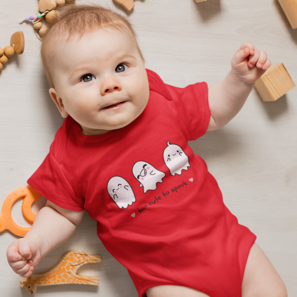 Baby soft cotton Halloween romper with three cute ghost print and text “Too Cute to Spook!”