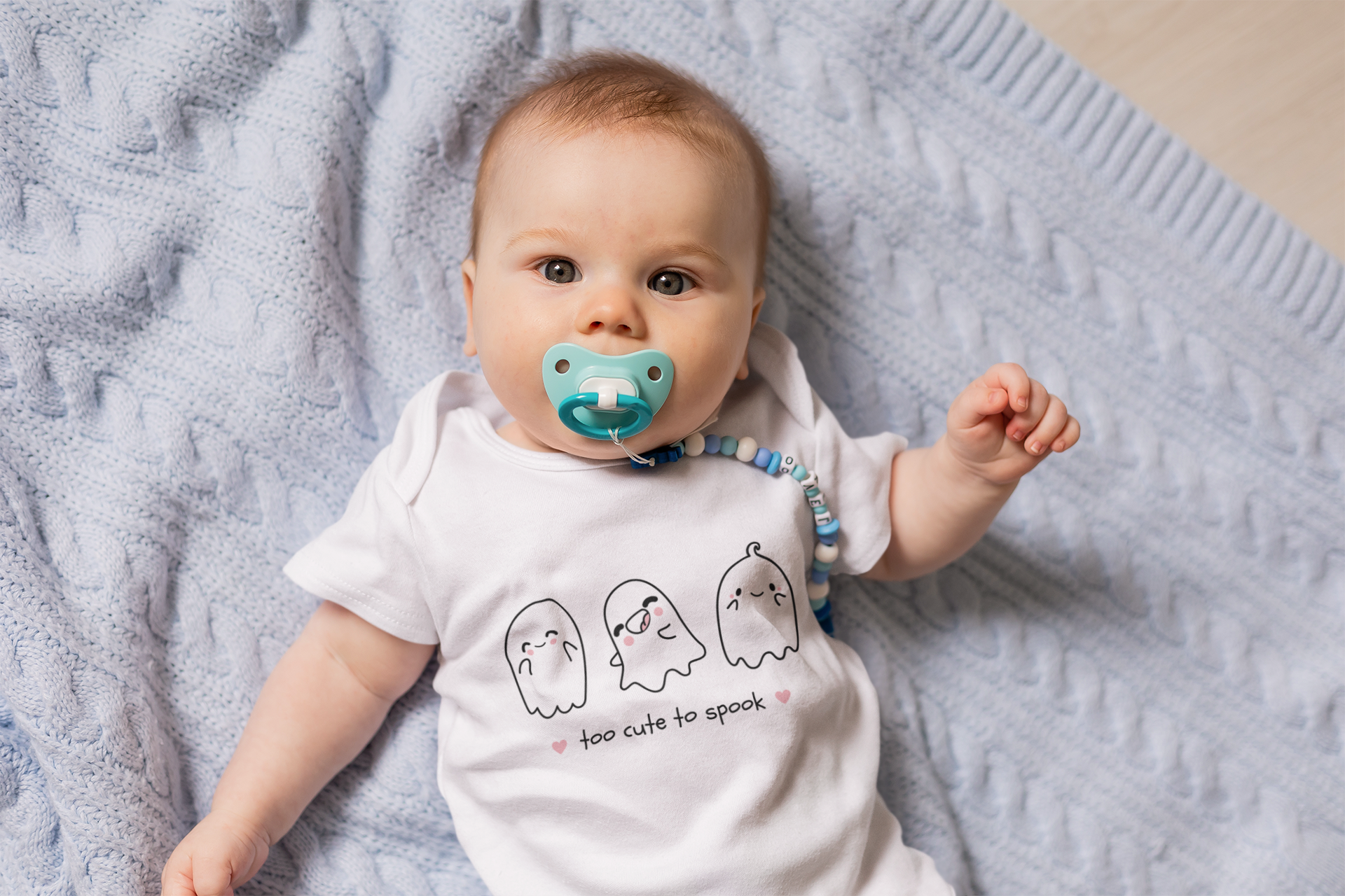 Baby Halloween Romper – Three Cute Ghosts Print “Too Cute to Spook”